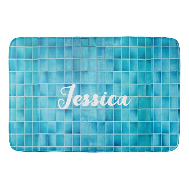 Blåblock av blått glas, mosaik badrumsmatta (Framsidan)