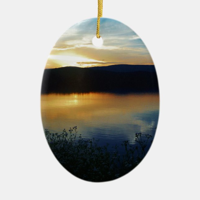 Blåblomma, blå solnedgång julgransprydnad keramik (Framsidan)