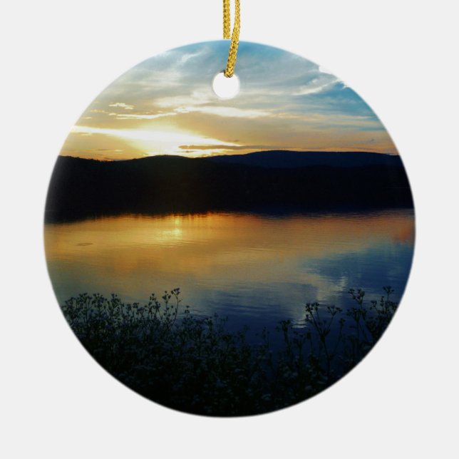 Blåblomma, blå solnedgång julgransprydnad keramik (Framsidan)