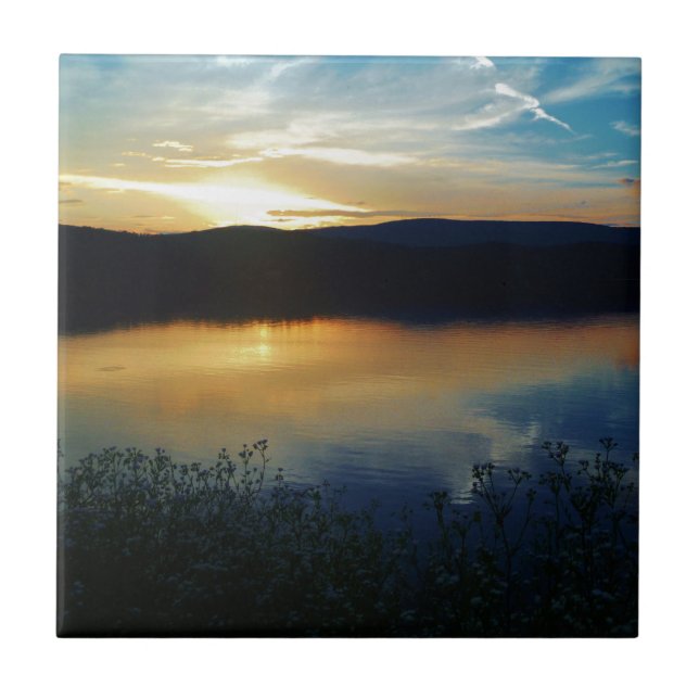 Blåblomma, blå solnedgång kakelplatta (Framsidan)