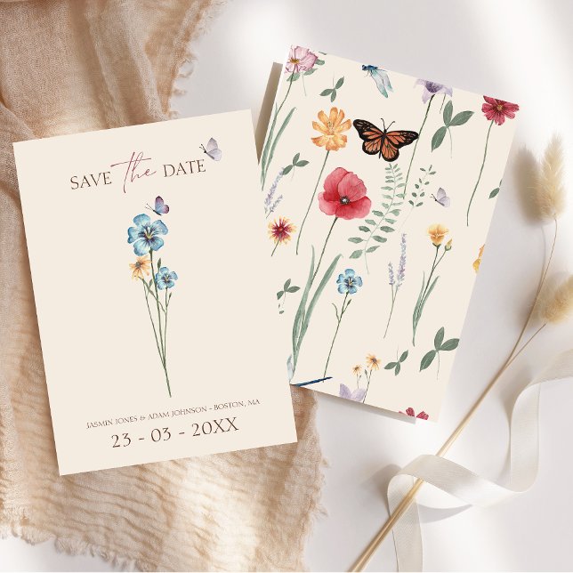 Blåblommig fjäril Blommigt Bröllop Spara Datumet (Simple Blue Wildflower Butterfly Floral Wedding Save The Date)