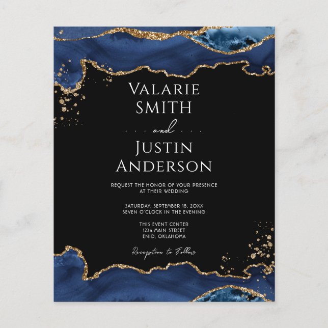 Blåblommig inbjudan till Agate-bröllop i Guld Glit (Framsida)