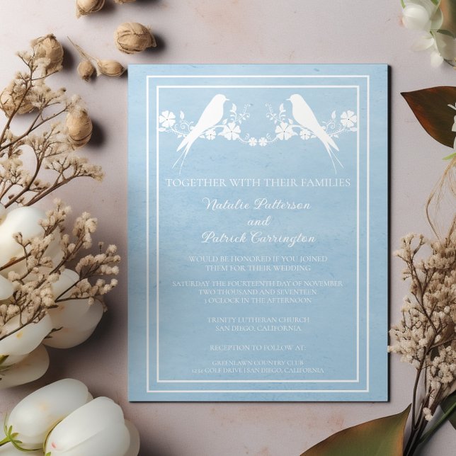 Blåblommig inbjudan till Blommigten Lovebird-bröll (Blue Lovebird Floral Wedding Invitation)