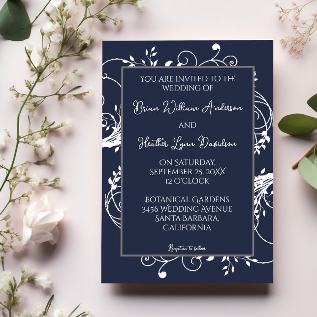 Blåblommig inbjudan till marint bröllop (Navy Blue Flourish Wedding Invitation)