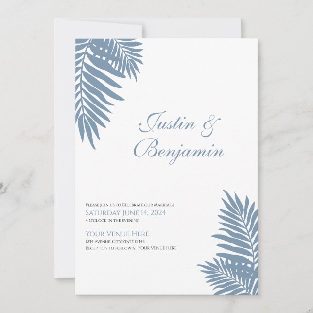 Blåblommig inbjudan till Tropical Wedding i Handfl (Framsida)