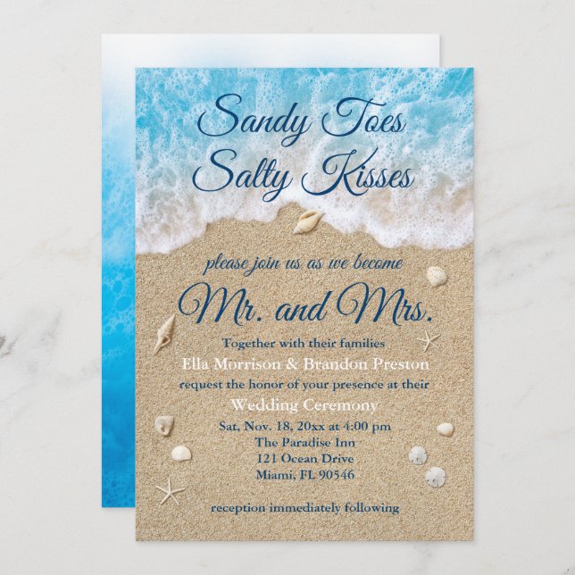 Blåblommig inbjudan till Vinkara Beach-bröllop (Fram/baksida)