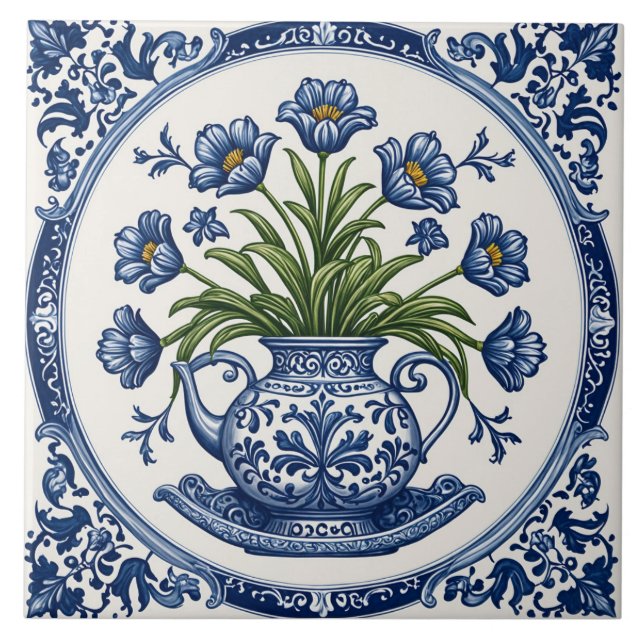 Blåblommiga blommor 2 kakelplatta (Framsidan)