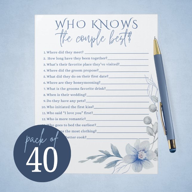 Blåblommiga blommor, parvis bästa Möhippa spel Anteckningsblock (Stunning Watercolor Blue Flower Who Knows the Couple Best Bridal Game Notepad Pack of 40 Games. )