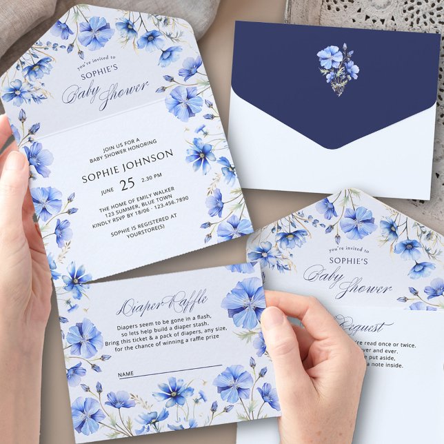 Blåblommiga Bok-begärandekalkyleraren Raffle Baby  (Trifold Baby Shower Invitation. All-in-One design with book request + tear-off Diaper Raffle Ticket)
