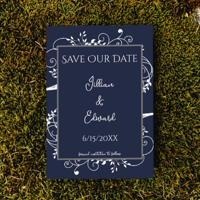 Blåblommiga Spara datum meddelande (Navy Blue Flourish Save the Date Wedding Announcement)