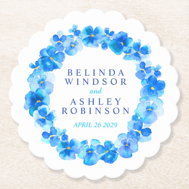 Blåblommiga underlägg av kransfärgade vattenfärger papper (Framsida)