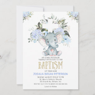 BlåBlommigt Baby Elephant Baptism-inbjudan Inbjudningar