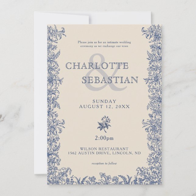Blåblommigtens botaniska elegant vintage bröllop inbjudningar (Framsida)