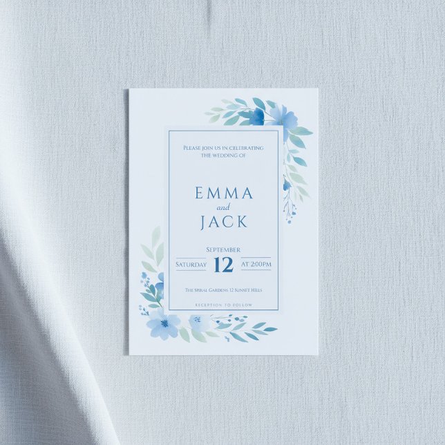 Blåblommigtens botaniska gräns moderna inbjudningar (Blue floral botanical border modern invitation.)