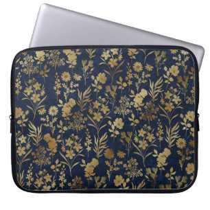 Blåblommor av botaniskt Guld Mönster Laptop Fodral