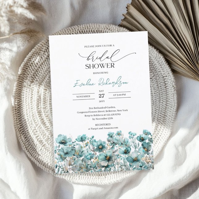 Blåblommor av trendig inbjudningar (Trendy watercolor dusty blue spring wildflowers invitation)