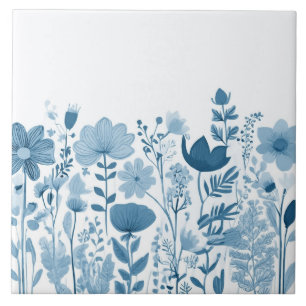 Blåblommor - Blå och vit Blommigt Flowers Kakelplatta