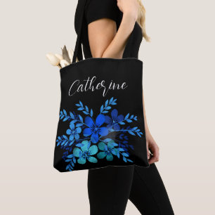 Blåblommor Boho Script Personlig Namn Tygkasse