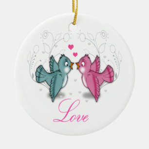 Blåblommor från Cute adful Love birds rosa Blue Julgransprydnad Keramik