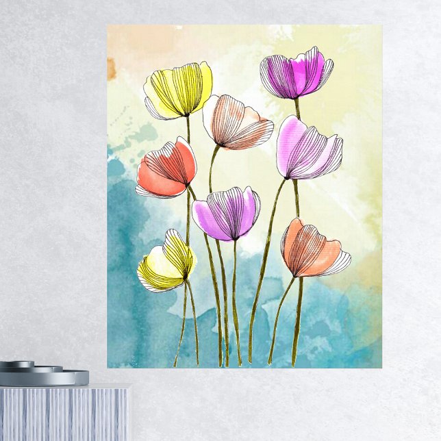 Blåblommor med vattenfärg med Mörk Black Linjer Poster (Skapare uppladdad)