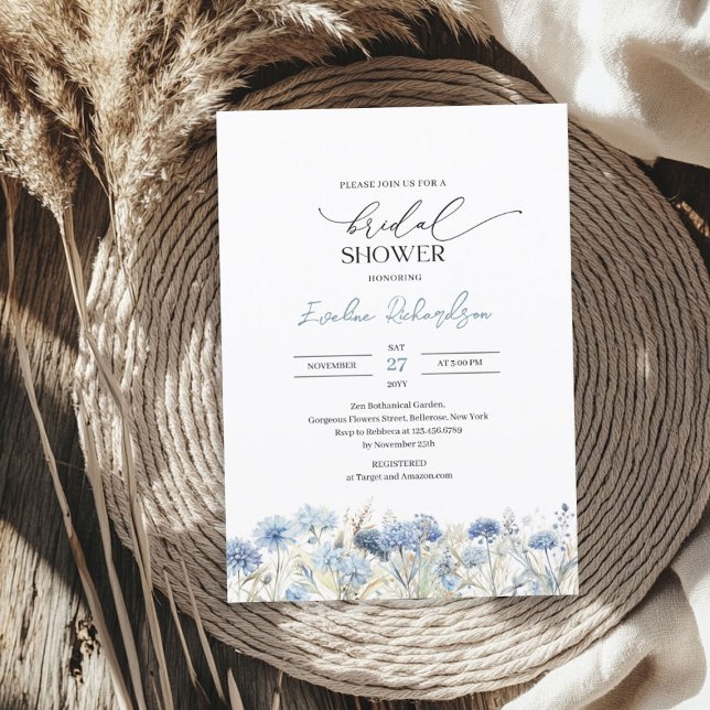 Blåblommor med vinterdamm, trendig inbjudningar (Trendy watercolor winter dusty blue wildflowers invitation)