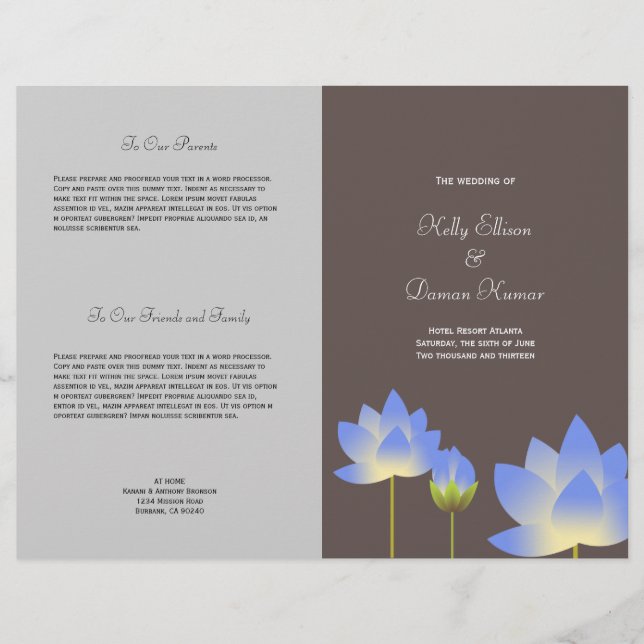 Blåblommor, modern grått-bröllopsprogram (Framsida)