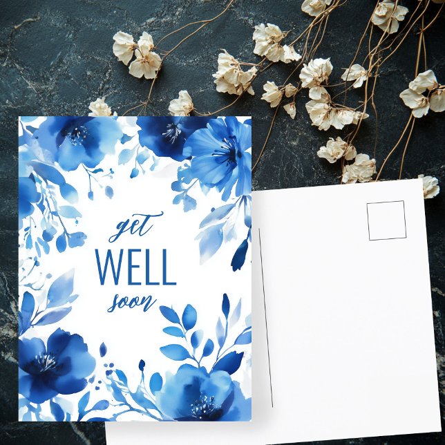 Blåblommor Vattenfärg GET WELL SOON ANPASSNINGSBAR Vykort (Blue Blooms Watercolor GET WELL SOON CUSTOM Postcard
)