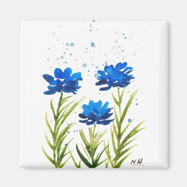Blåblommor, vattenfärgad chic, grått magnet (Framsidan)