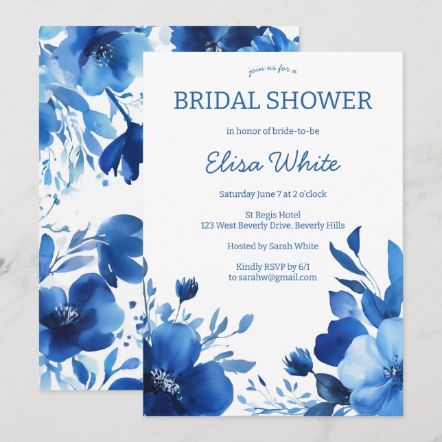 Blåblommor, vattenfärgsfärg, Möhippa, ANPASSNINGSB Inbjudningar (Fram/baksida)