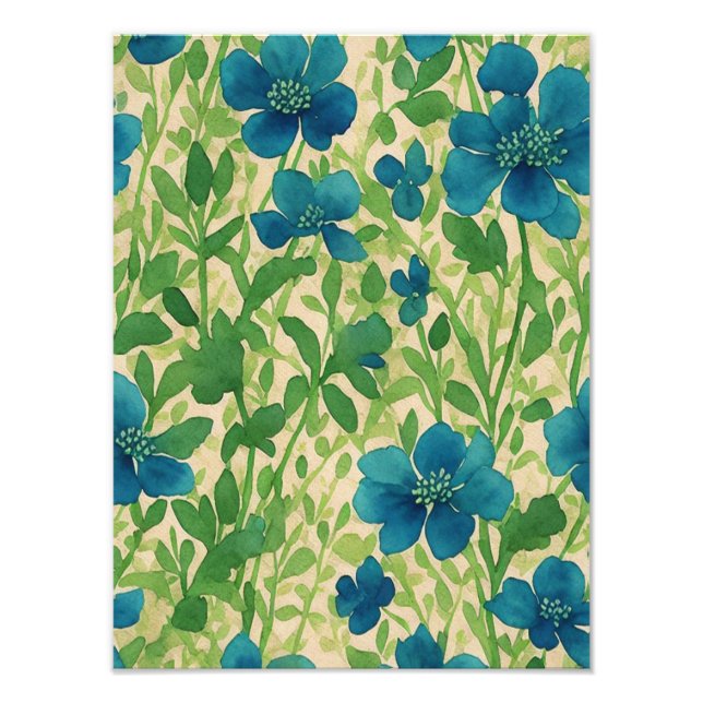 Blåblommor vintage ephemera mönster fototryck (Framsidan)