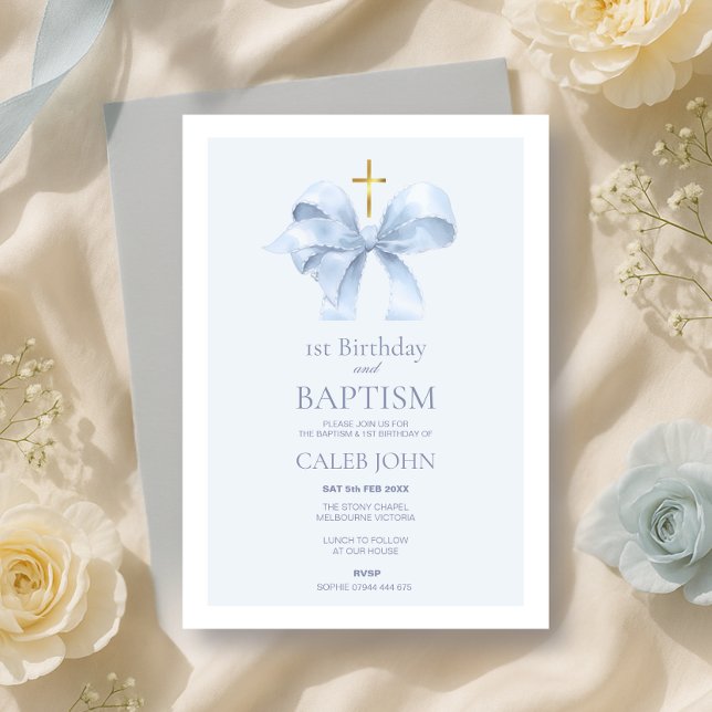 Blåbög 1:a födelsedag och baptism för pojken inbjudningar (Skapare uppladdad)