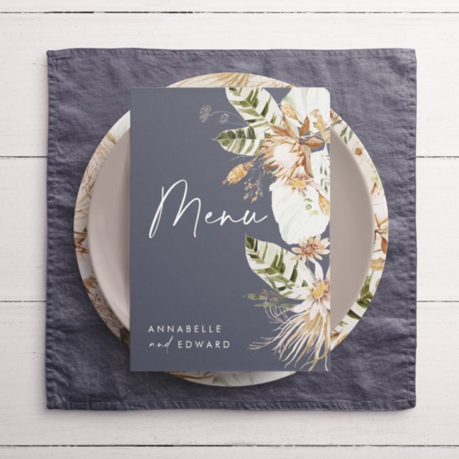 Blåbohemisk botanisk modern elegant bladverk meny (Skapare uppladdad)