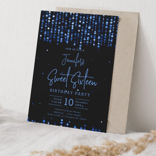 Blåböljande stjärnor Söt 16 Födelsedagsfester Inbjudningar (Navy Blue Falling Stars Sweet 16 Birthday Party Invitation)