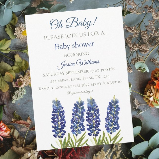 Blåbonillblå blomstervattenfärg Texas pojke Inbjudningar (Skapare uppladdad)