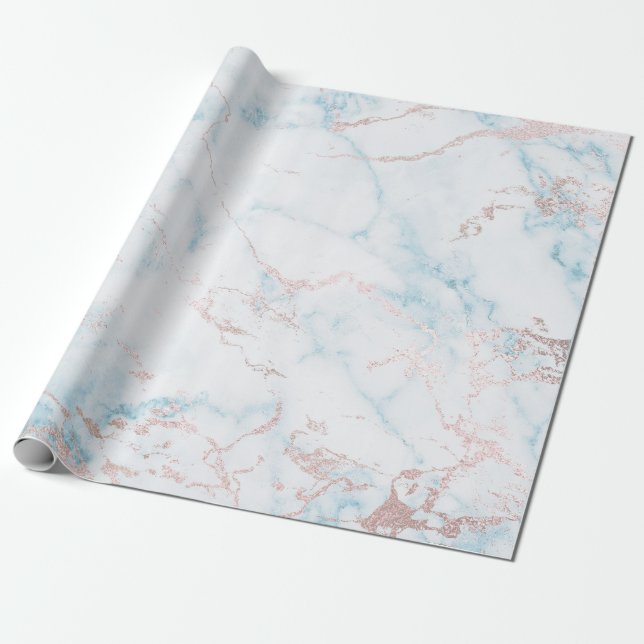 Blåborstar i Rosa Guld vid Vit ros Marble Stone Presentpapper (Utrullad)