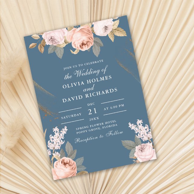 Blåbössasbröllop på Böhmen Inbjudningar (Bohemian Elemental Blue Peonies Wedding Invitation on dry fan palm leaf.)