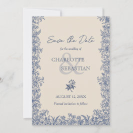 Blåbotaniska gräns vintage bröllop spara datumet