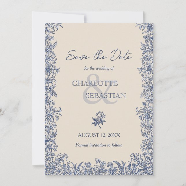 Blåbotaniska gräns vintage bröllop spara datumet (Framsida)