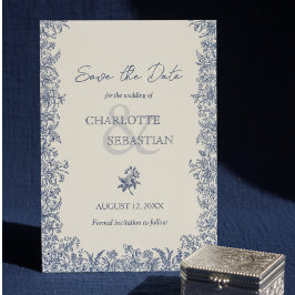 Blåbotaniska gräns vintage bröllop spara datumet