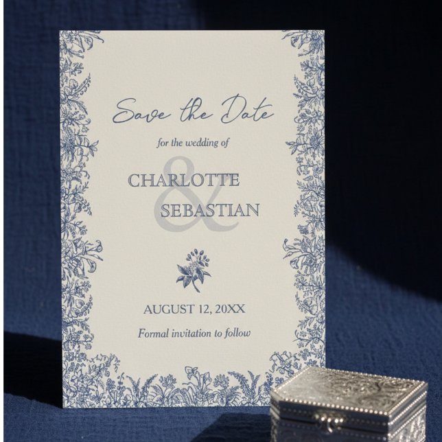 Blåbotaniska gräns vintage bröllop spara datumet (Skapare uppladdad)
