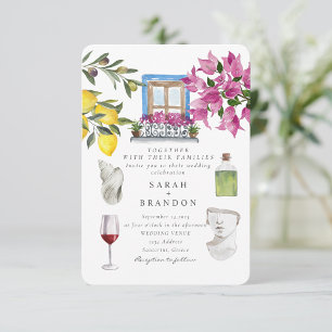 Blåbricka i vattenfärgen Grekland Bröllop Inbjudningar