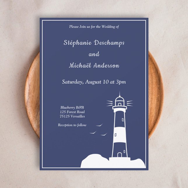 Blåbröllopsinbjudan för fyr-flotta inbjudningar (Lighthouse Navy Blue Wedding Invitation)