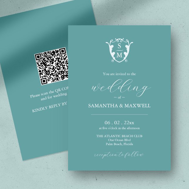 Blåbröllopsinbjudan med QR-kod Inbjudningar (QR code wedding invitation blue minimalistic custom monogram crest )