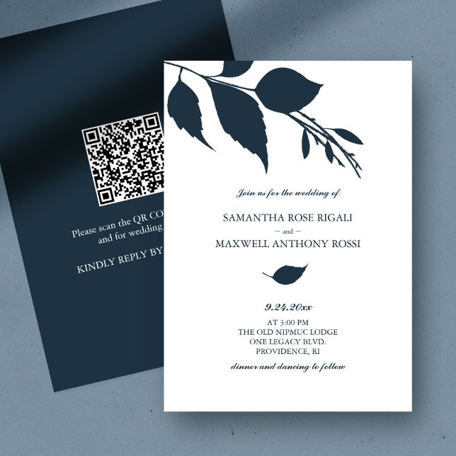 Blåbröllopsinbjudan med QR-kod Inbjudningar (QR code wedding invitation botanical navy blue leaves minimalistic)