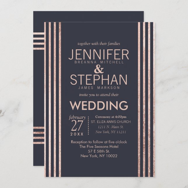 Blåbröllopsinbjudan ro Guld och Rand Inbjudningar (Fram/baksida)