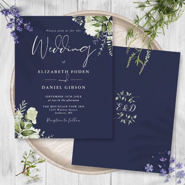 Blåbröllopsinbjudan till budgetavdelningen för nat (Budget Greenery Navy Blue Wedding Invitation)