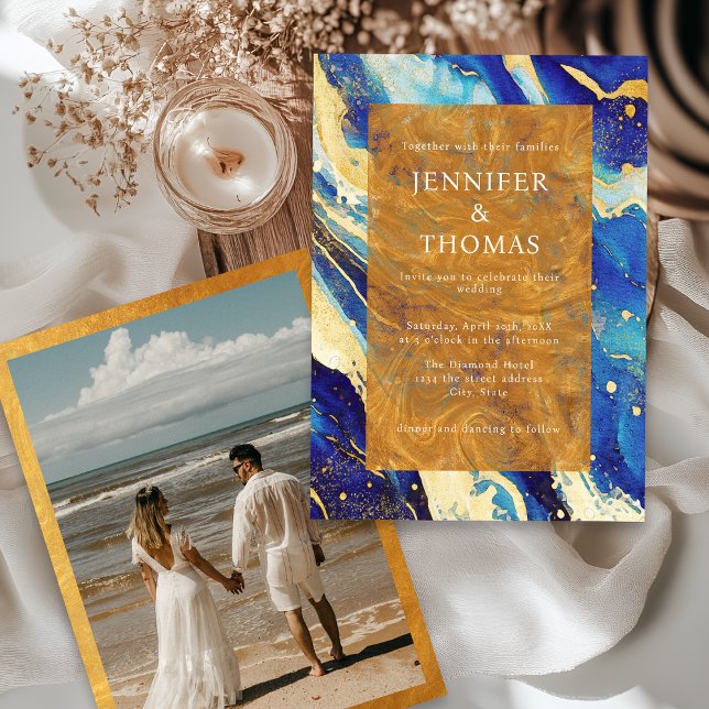 Blåbröllopsinbjudan till royalet Guld med foto Inbjudningar (Skapare uppladdad)
