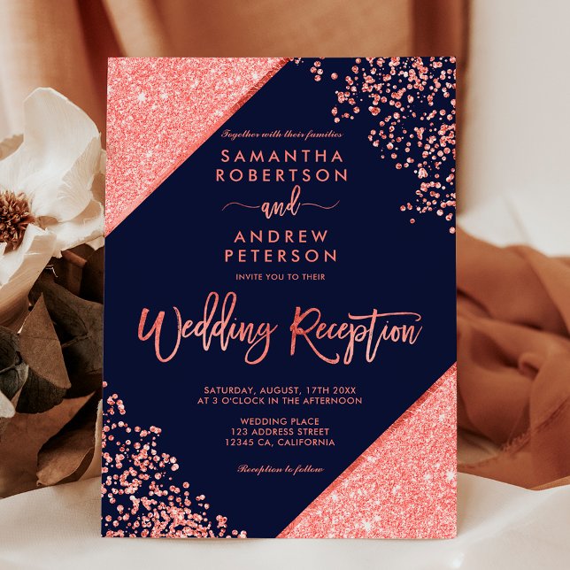 Blåbröllopsmottagning för Coral glitter konetti Inbjudningar (Coral glitter confetti navy blue wedding reception invitation)