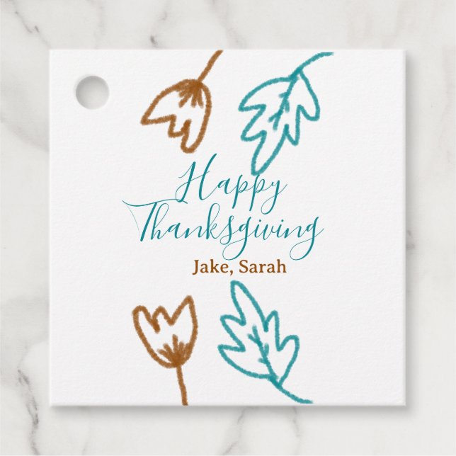 Blåbrun höst löv blomma h, happy thanksgiving gåvor etiketter (Framsida)