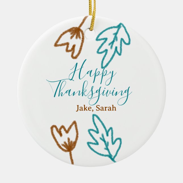 Blåbrun höst löv blomma h, happy thanksgiving julgransprydnad keramik (Framsidan)